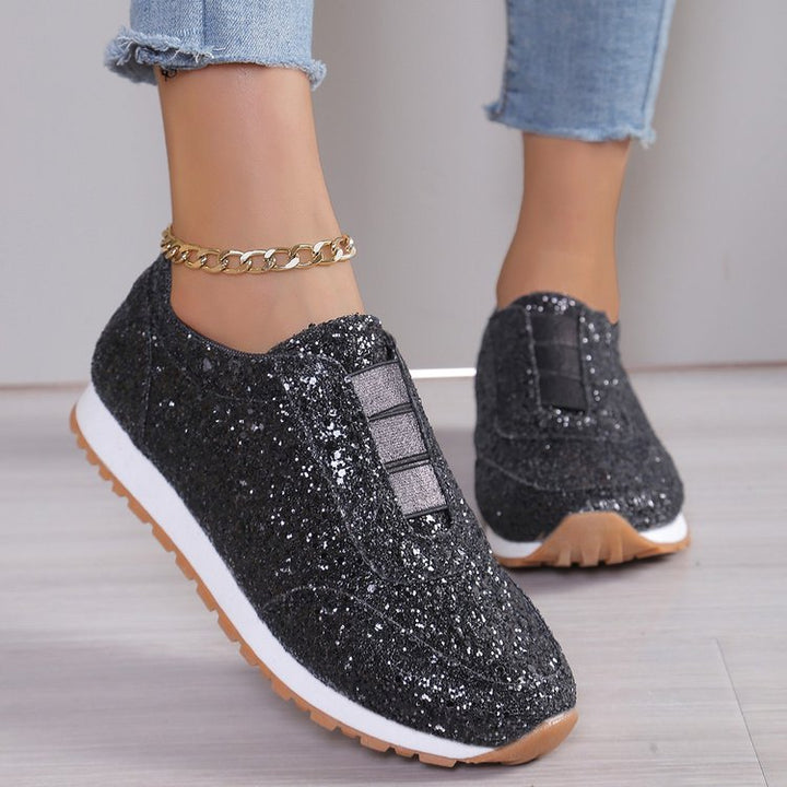 Women's glittering slip-on sneakers with elastic tongue trim, padded insole, and slip-resistant patterned sole Mune Fashion
