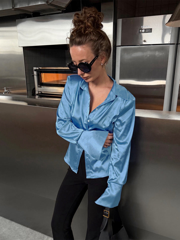 Women's Satin Shirt with Wide Collar, Extra Wide Cuffs & Relaxed Fit Mune Fashion