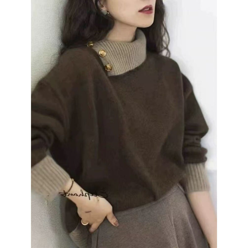 Women's Short-Cut Sweater with Asymmetrical Button Mock Neck and Balloon Sleeves Mune Fashion