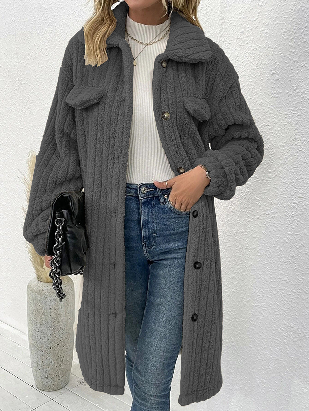 Women's longer teddy coat with shawl collar and patch breast pockets Mune Fashion