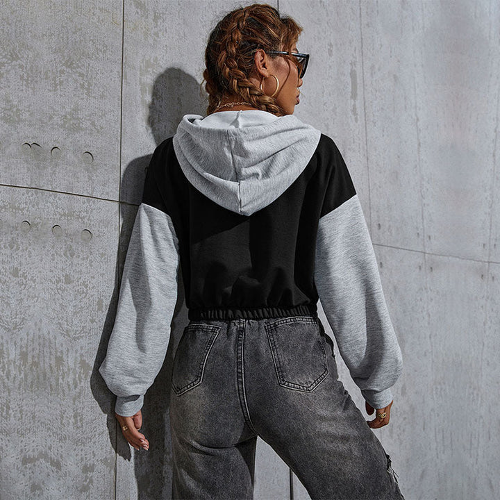 Women's Short-Cut Hoodie with Teddy Print, Colorblock Sleeves and Elastic Hem