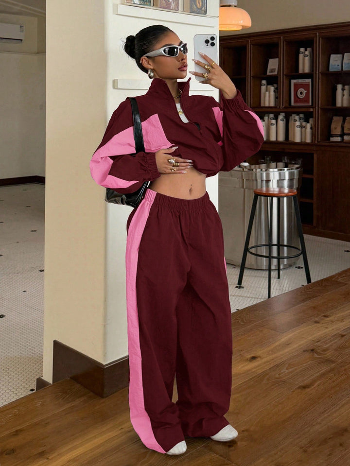 Women's Cropped Training Jacket and High-Cut Wide-Leg Jogging Pants Set Mune Fashion