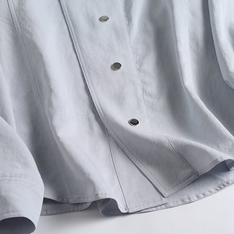 Women Light Oversized Blouse Jacket with Stand Collar and Concealed Snap Button Placket Mune Fashion