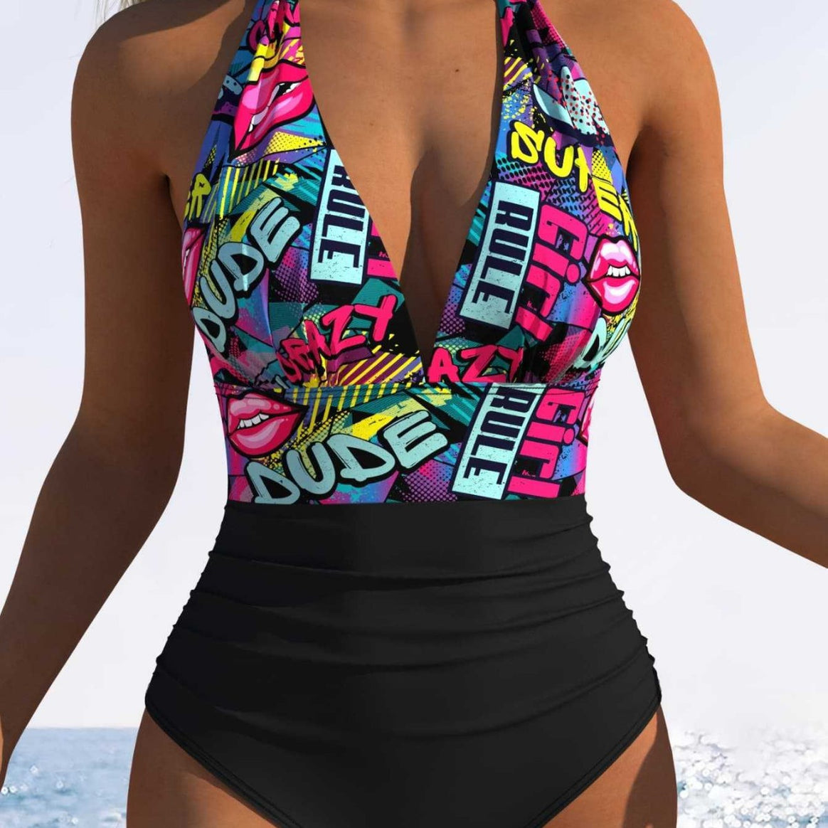 Women's one-piece swimsuit with floral V-neckline and high waistband Mune Fashion