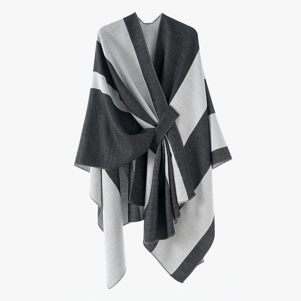 Women's Oversize Cape with Block Stripes and Tied Belt Mune Fashion