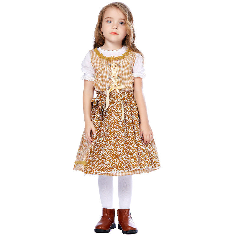Women's traditional dirndl set with laced bodice, embroidered puff blouse and removable apron Mune Fashion