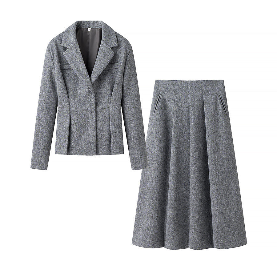 Women Elegant Two-Piece Wool Blend Blazer and Midi Skirt Set with Flared Midi Skirt Mune Fashion