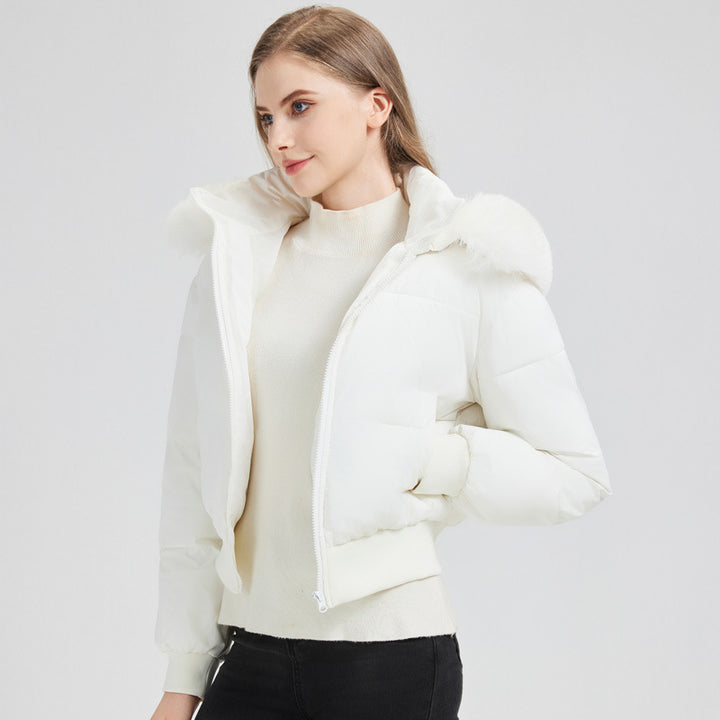 Women's short quilted hooded jacket with faux fur trim and ribbed hem Mune Fashion