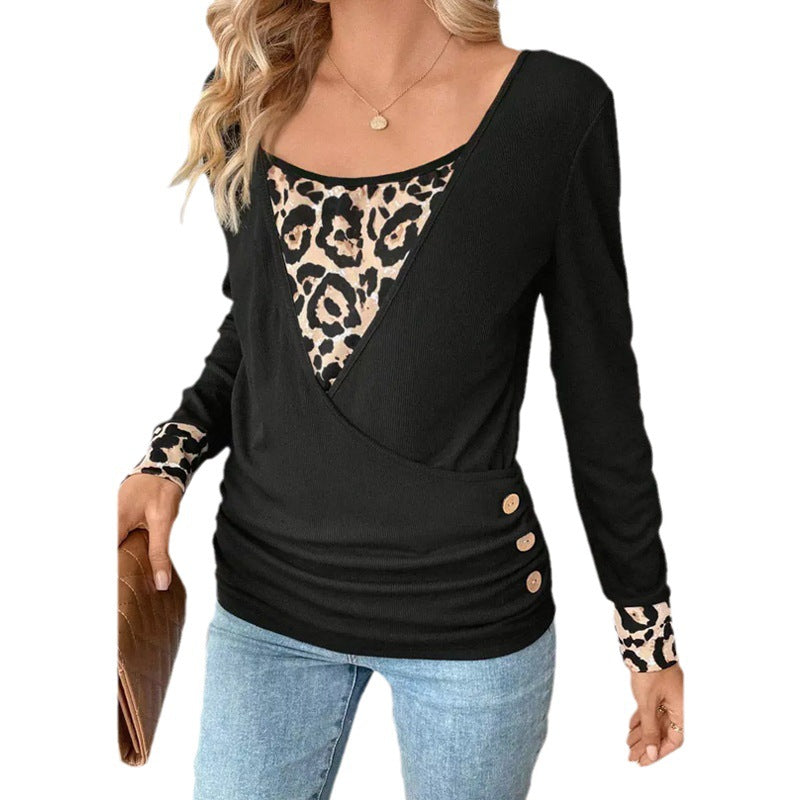 Women's Long Sleeve Top with Fake Layer V-Neck and Leo Insert Mune Fashion