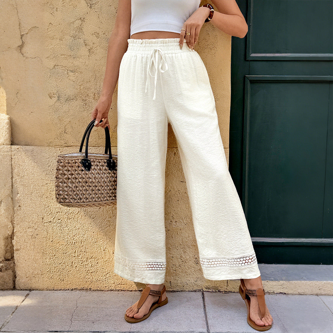 Women's Wide Linen Look Trousers with Smocked Waist, Drawstring and Crochet Trim Mune Fashion