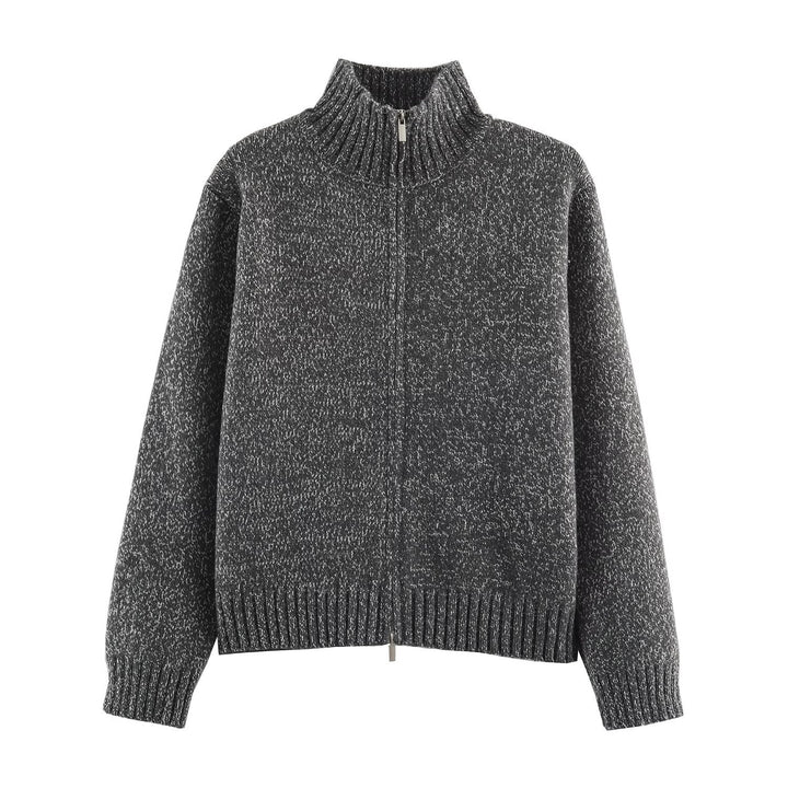 Women's Chunky Knit Zip Sweater with Stand-Up Collar and Ribbed Hem Mune Fashion