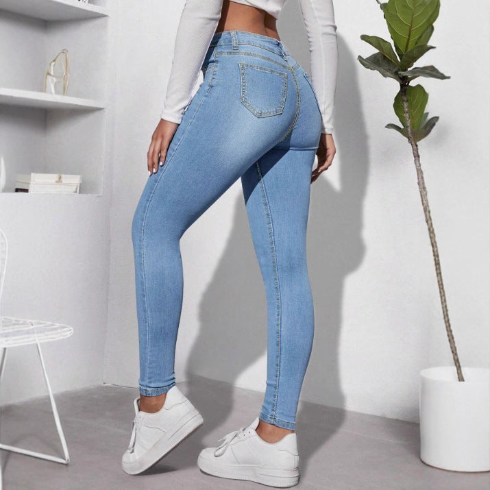 Ladies High-Waist Skinny Jeans with decorative pearl cluster and sculpting cut Mune Fashion