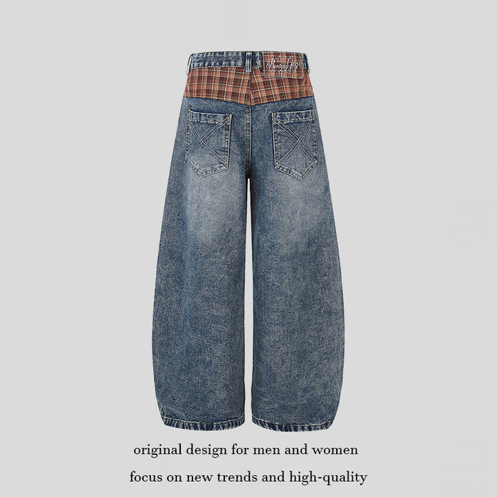 Women's Wide High-Waist Denim Culotte in Palazzo Style with Check Waistband and Vintage Wash Mune Fashion