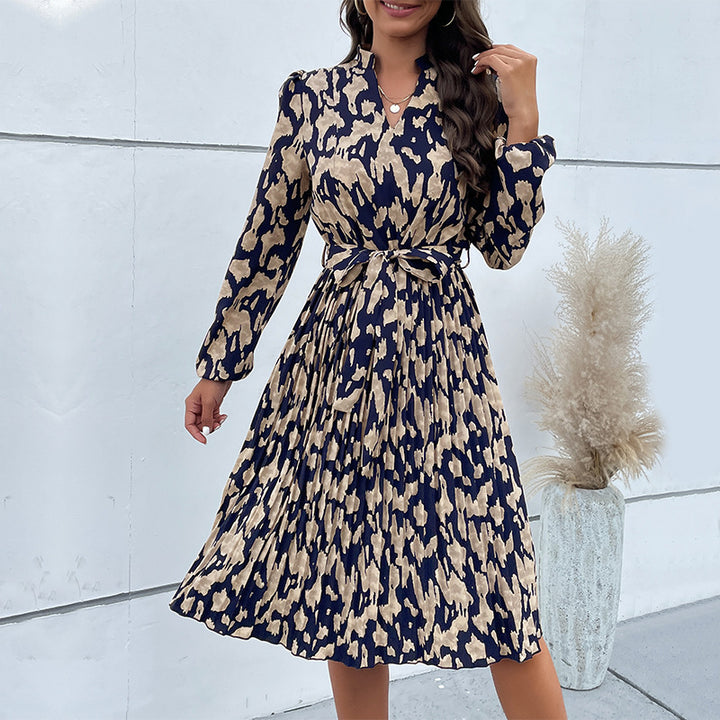 Women's Elegant Midi Dress with Pleated Skirt, V-Neck and Waist Belt Mune Fashion