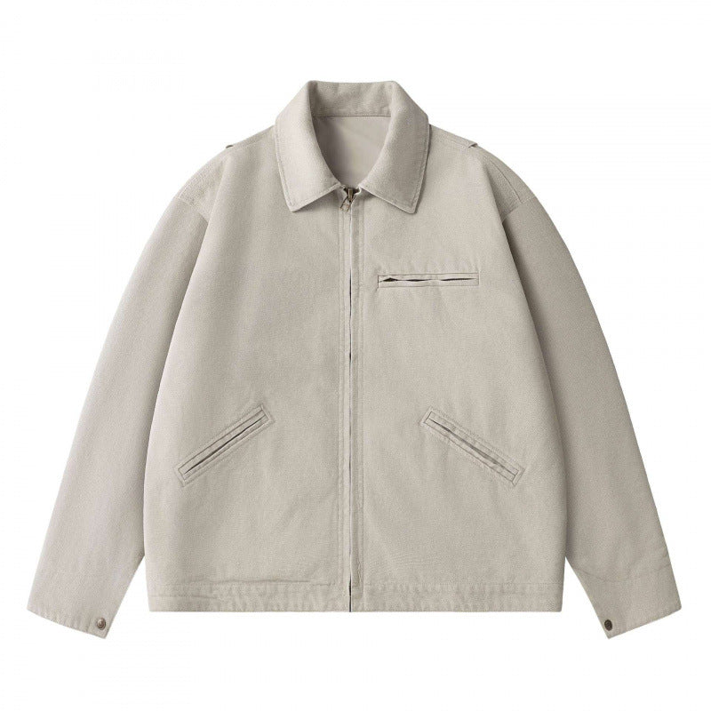 Unisex Boxy Short Jacket in Worker Blouson Style with Shirt Collar and Concealed Zip Mune Fashion