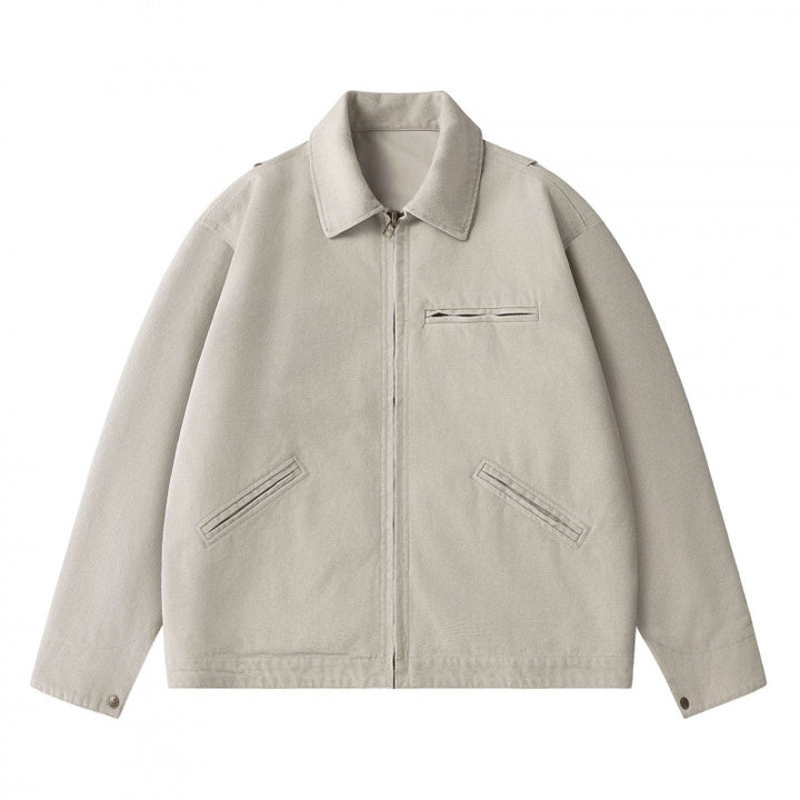 Unisex Boxy Short Jacket in Worker Blouson Style with Shirt Collar and Concealed Zip Mune Fashion