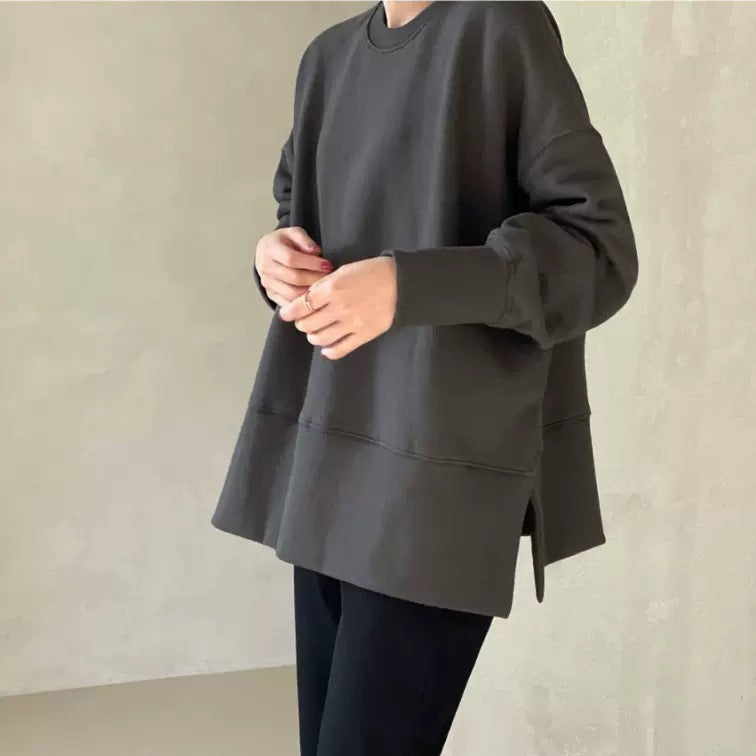 Women Boxy Sweatshirt with extended hem band, side slits, and raglan sleeves Mune Fashion