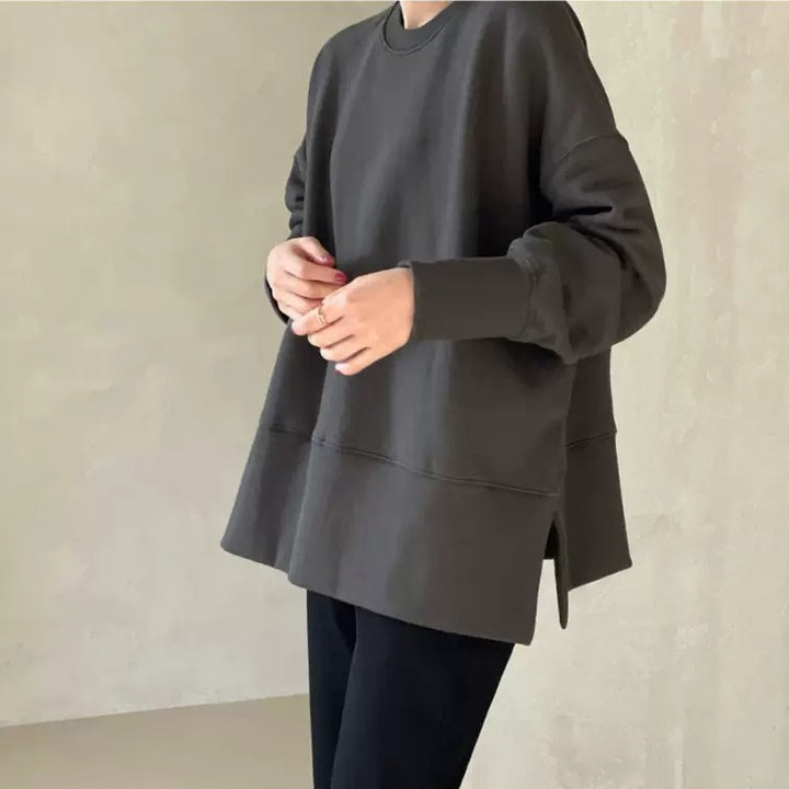 Women Boxy Sweatshirt with extended hem band, side slits, and raglan sleeves Mune Fashion