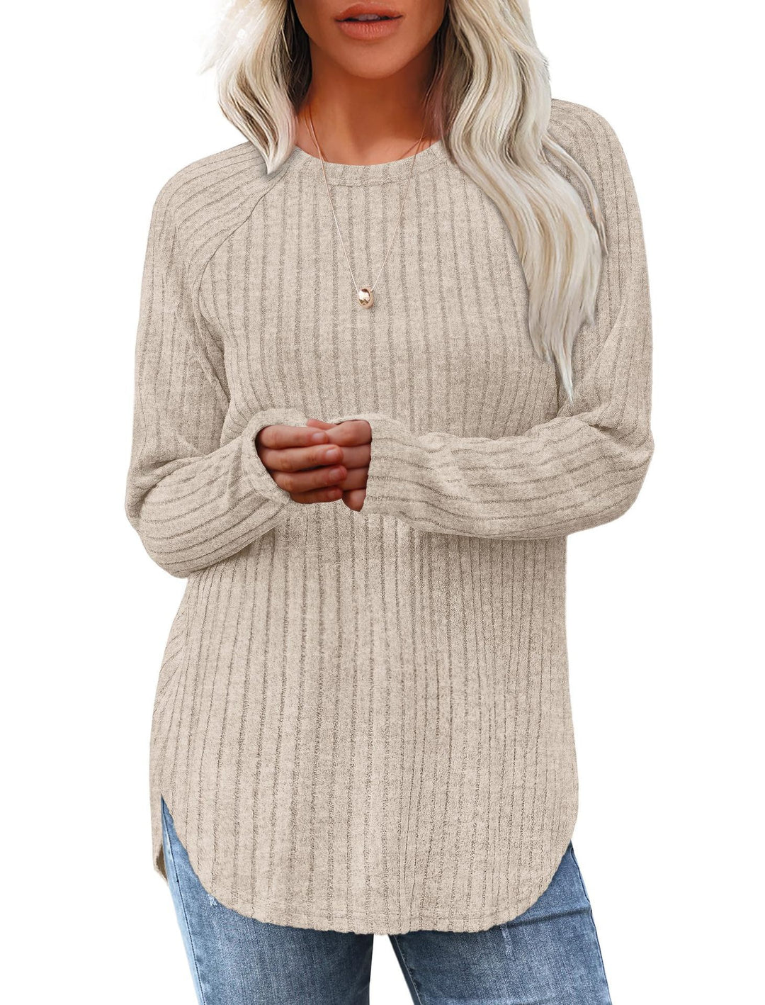 Women's ribbed knit pullover with round neckline oversized fit and side slits Mune Fashion