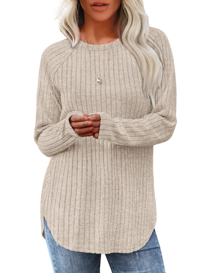 Women's ribbed knit pullover with round neckline oversized fit and side slits Mune Fashion
