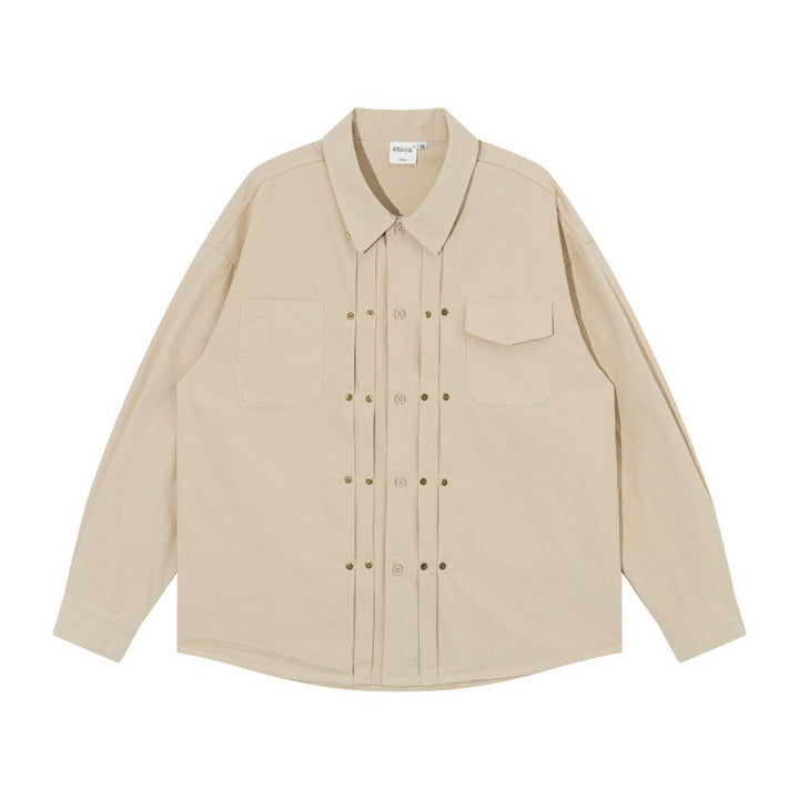 Men's Oversized Shirt Jacket in Workwear Style with Decorative Stitching and Metal Rivets Mune Fashion