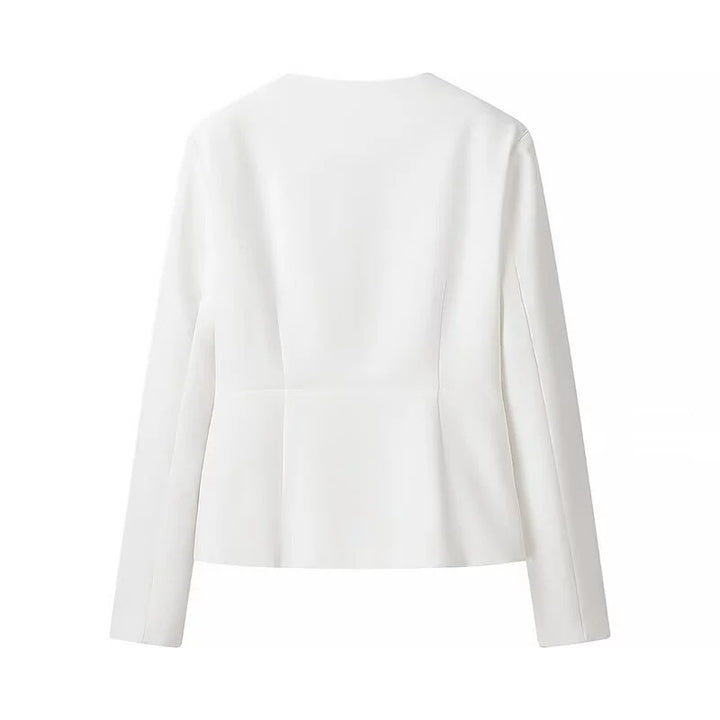 Women's tailored blazer with deep V-neck, decorative Italian seams, and covered buttons Mune Fashion