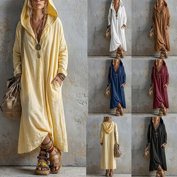 Ladies Long Hooded Dress in Boho Style with V-Neck, Side Pockets and Loose Fall Mune Fashion