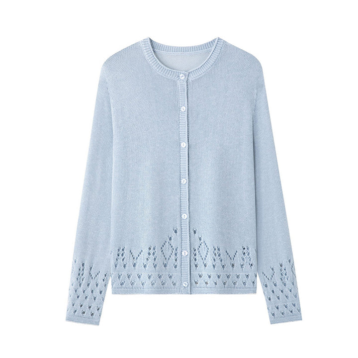 Women Fine Fine Knit Cardigan with Lace Pattern at the Hem and Round Neckline Mune Fashion