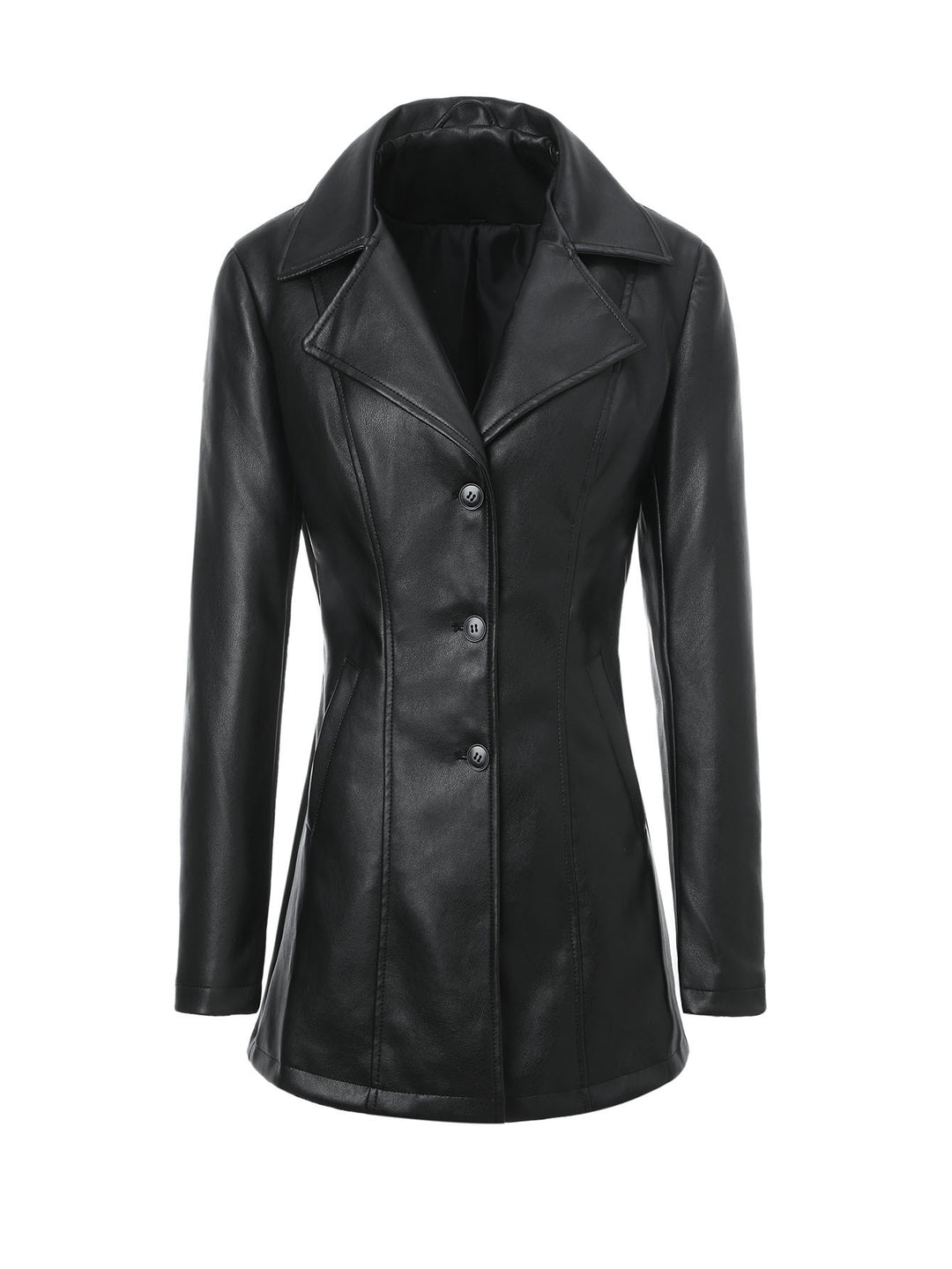 Women's Tailored Knee-Length Coat in Leather Look with Notched Collar and Shaped Seams Mune Fashion