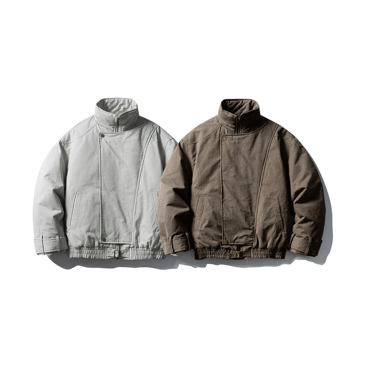 Men's Volume Stand Collar Bomber with Asymmetric Front Flap and Waist Buckle Mune Fashion
