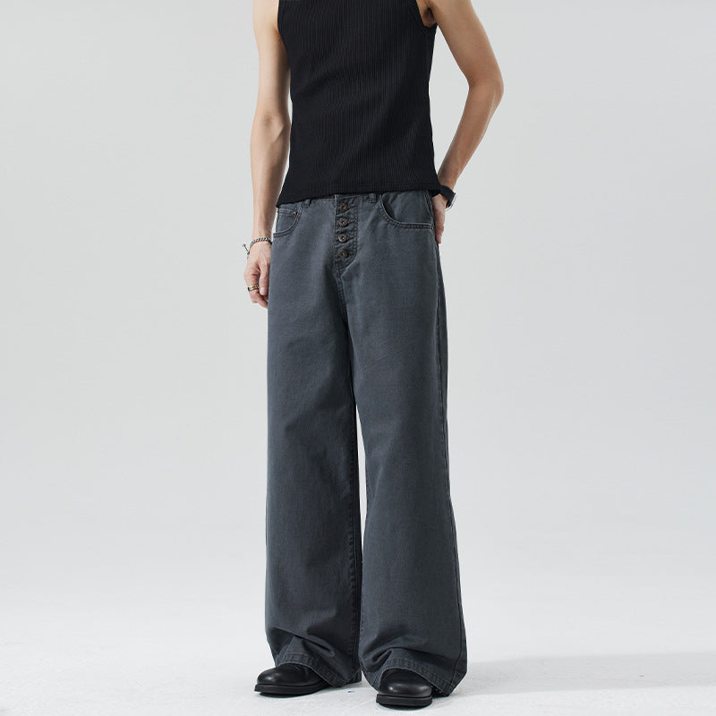 Men's Extra Wide Denim Pants with Visible Button Placket and Floor-Length Palazzo Cut Mune Fashion