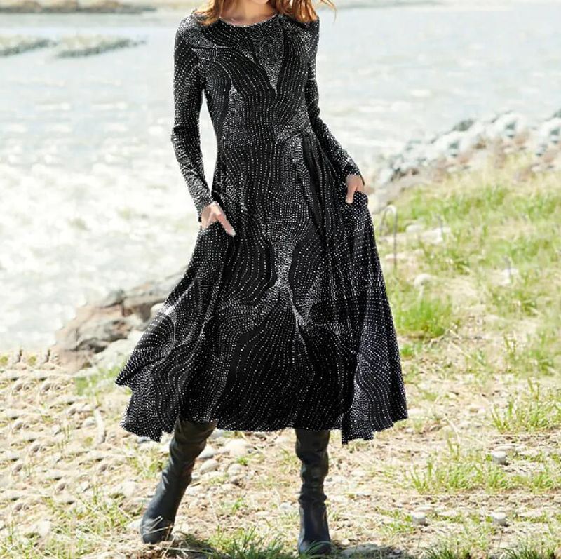 Women's Boho Maxi Dress with tailored empire waist, long sleeves, and side pockets Mune Fashion