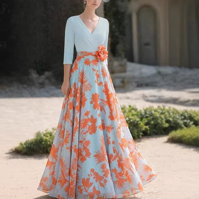 Women Floral Maxi Dress with Wrap Top, Three-Quarter Sleeves and Flared Skirt Mune Fashion