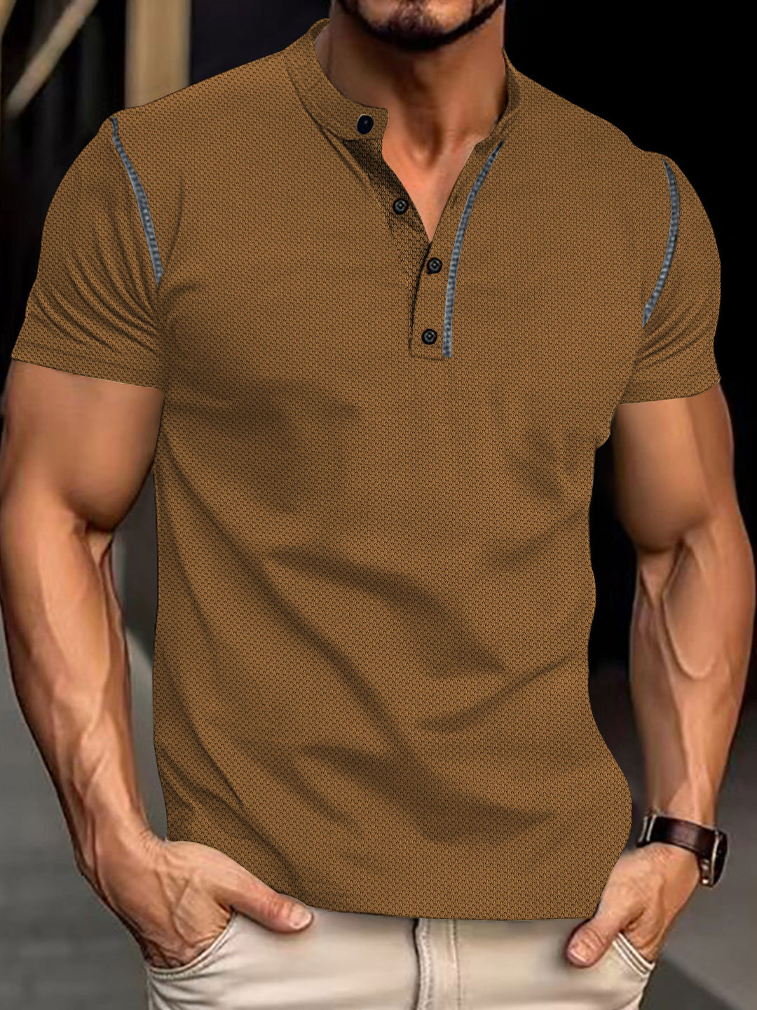 Men's tapered structured polo shirt with stand-up collar and decorative piping Mune Fashion