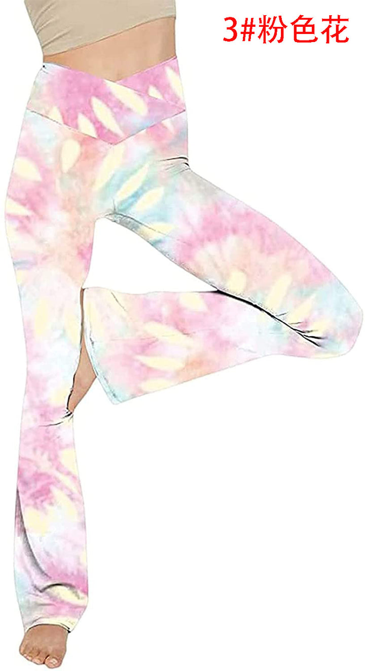 Women's mid-rise yoga pants with crossover waistband and flared hem with slit Mune Fashion
