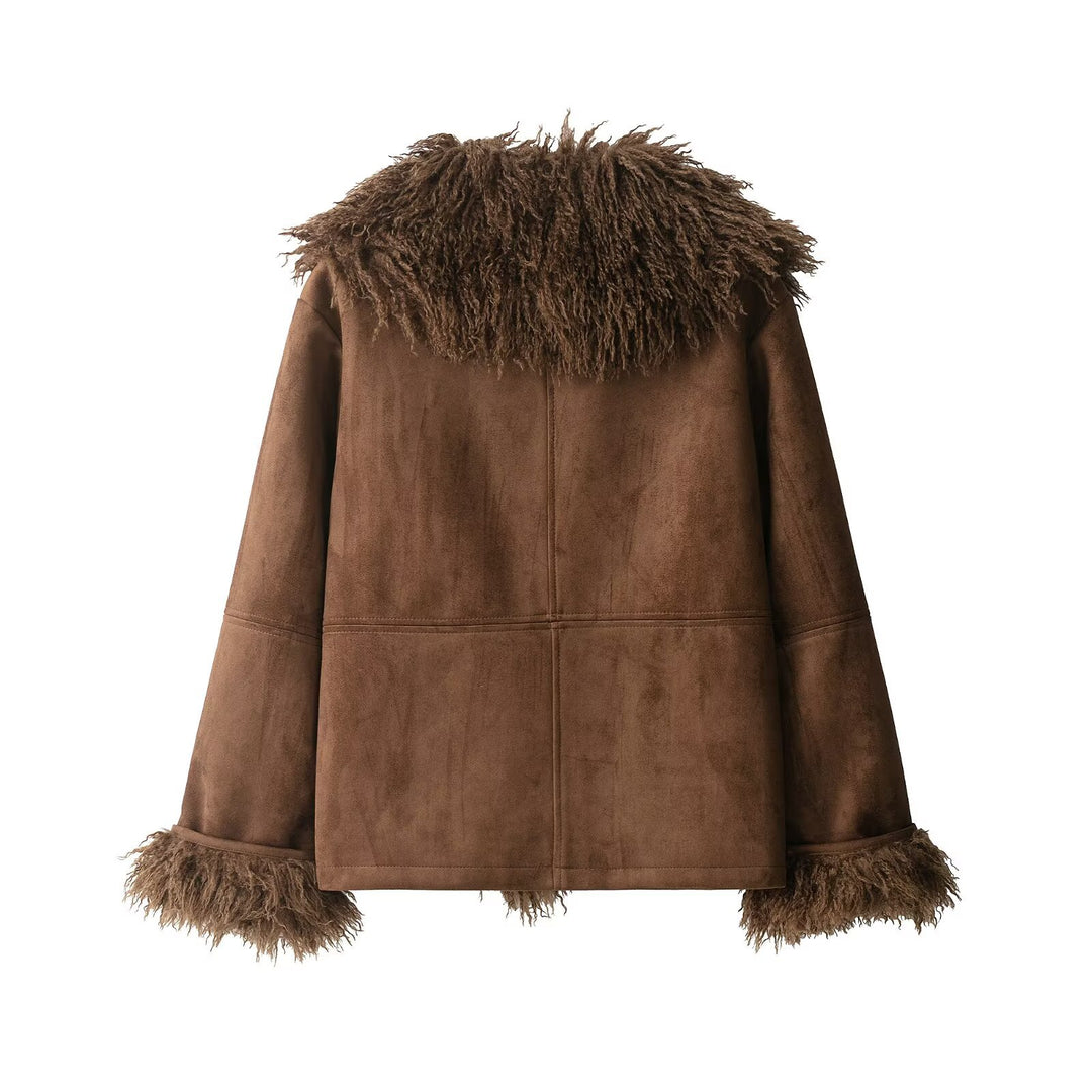 Women's Lambskin Look Coat with Voluminous Teddy Collar Mune Fashion