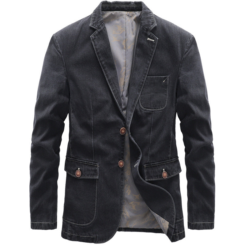 Men's Casual Jeans Blazer with Notched Lapels, Patch Pockets and Floral Patterned Lining Mune Fashion
