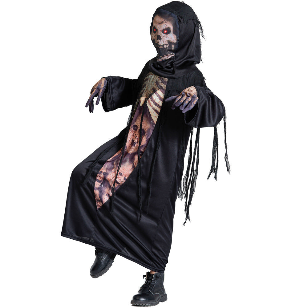 Unisex Spooky Skeleton Costume with Hood and Fringes Mune Fashion