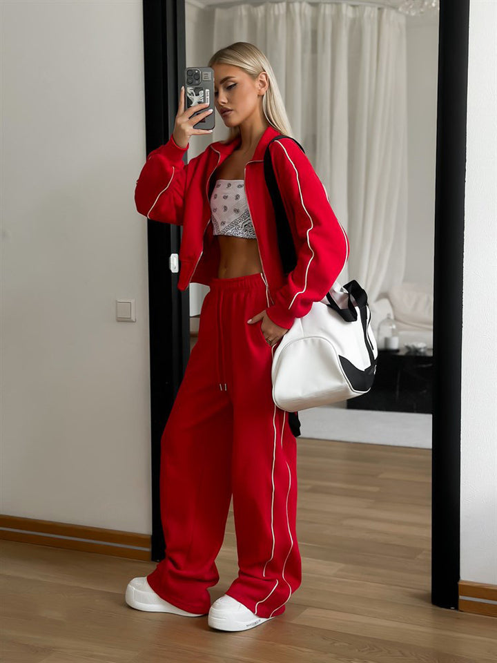 Women's nano short zipper hoodie and high waist jogging pants set with decorative side piping Mune Fashion