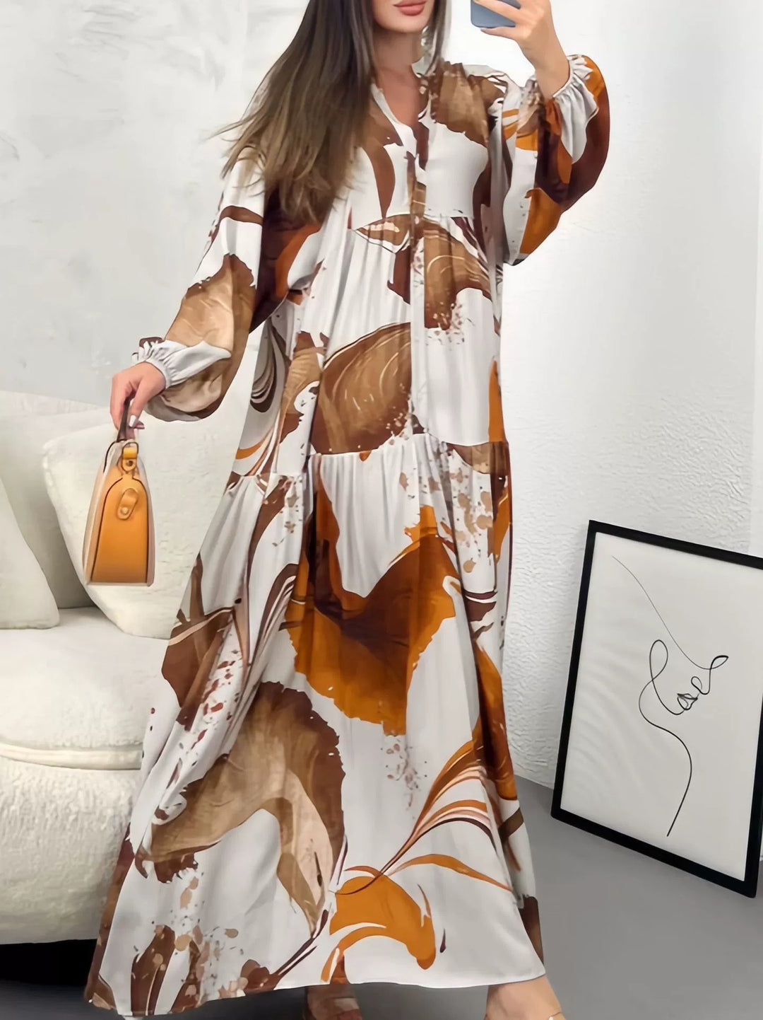 Women's Flowing Tiered Dress with Stand Collar, Balloon Sleeves and Button Placket Mune Fashion