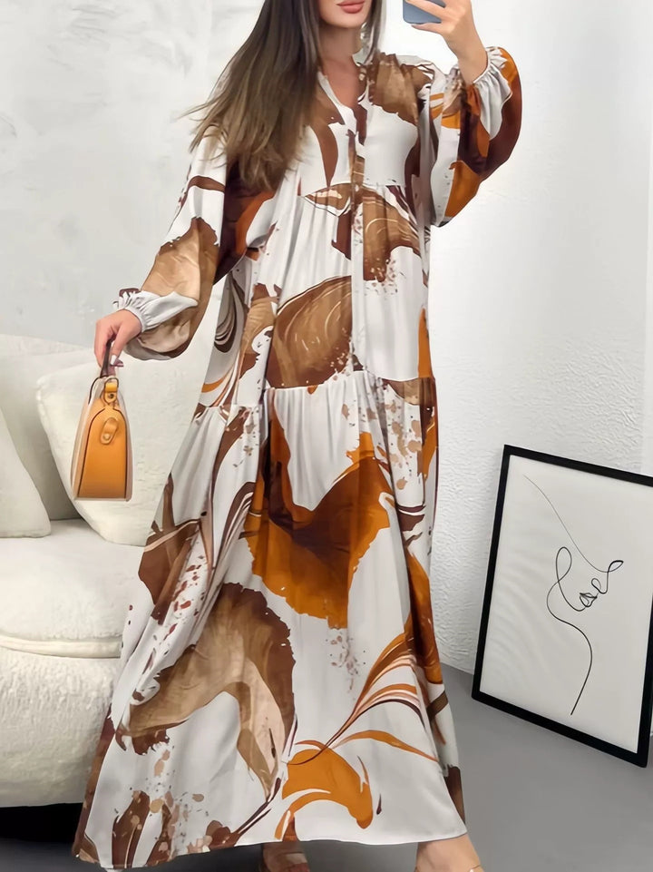 Women's Flowing Tiered Dress with Stand Collar, Balloon Sleeves and Button Placket Mune Fashion