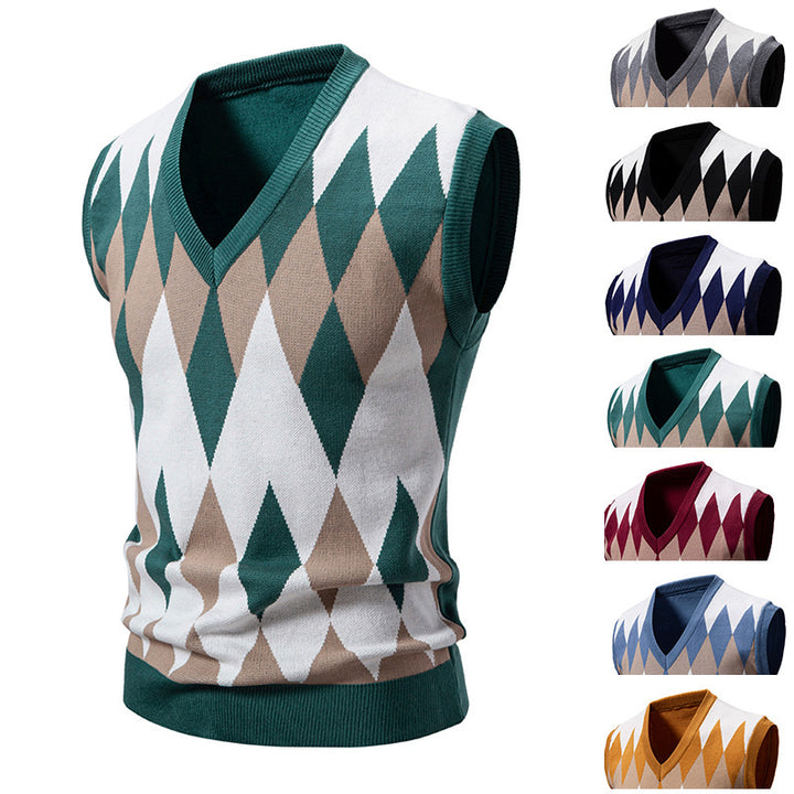 Men's sleeveless argyle knit vest with V-neck and fitted cut Mune Fashion