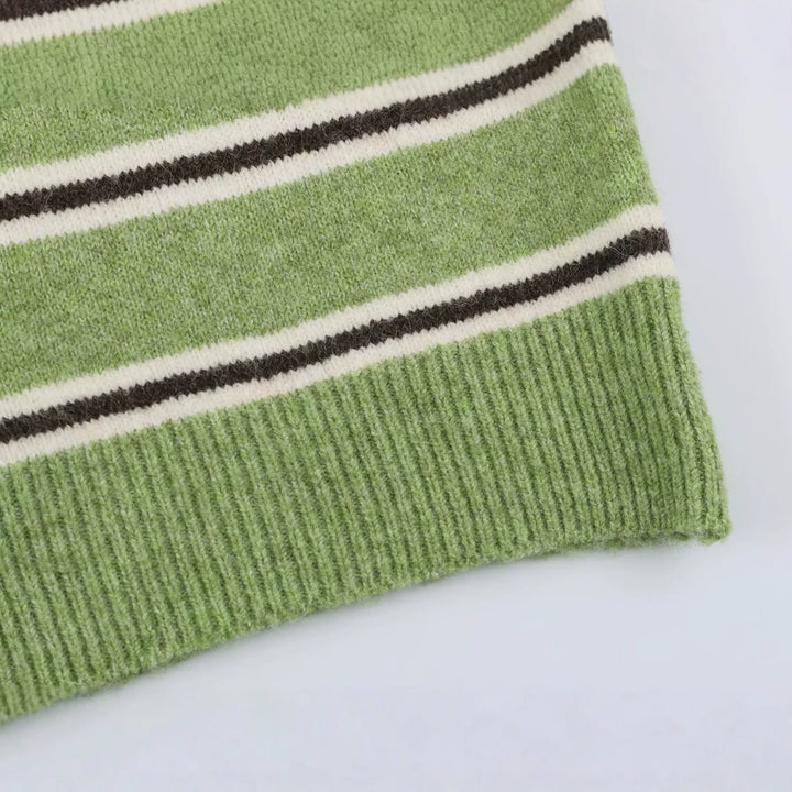 Women Oversized Sweater with Polo Collar and Breton Stripes Mune Fashion