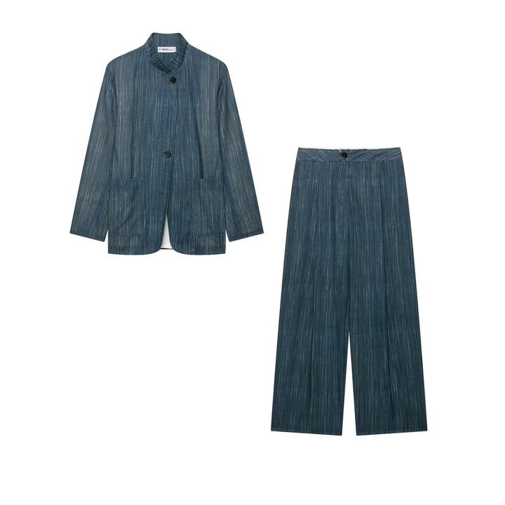 Women's Two-Piece Pinstripe Set with Stand Collar Blazer and High Waist Palazzo Pants Drune
