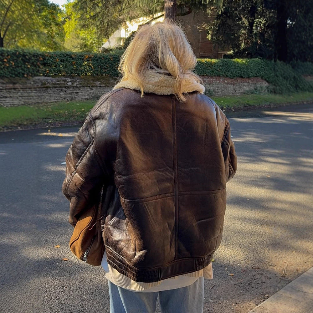 Women's Oversize Pilot Jacket made of Faux Leather with Teddy Lining and Wide Cut Mune Fashion
