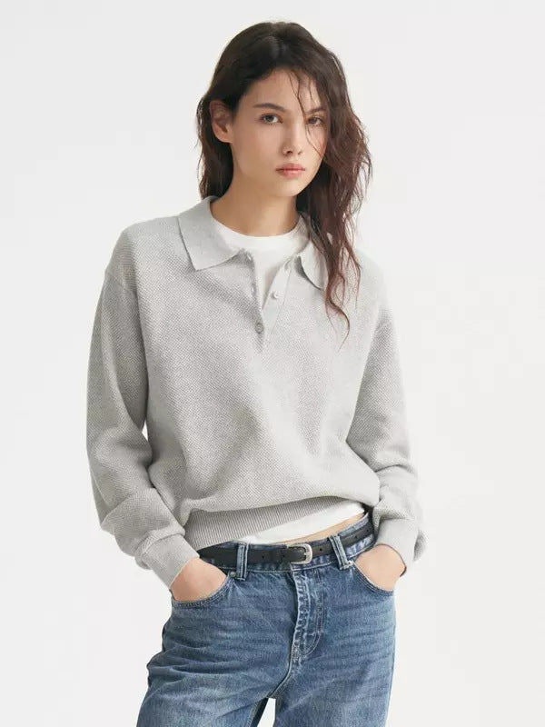 Women's fine-knit polo sweater with button placket and ribbed hem Drune