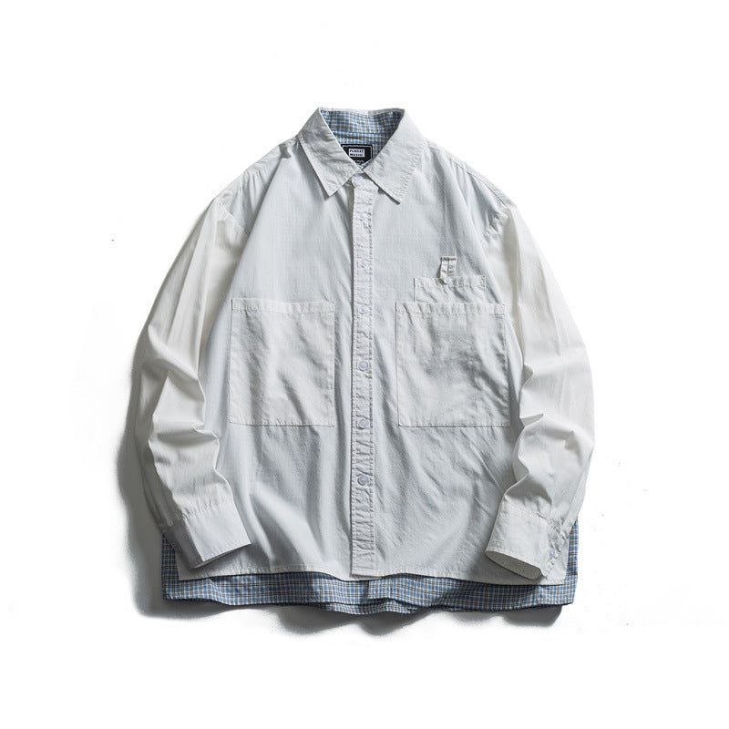 Unisex Oversized Shirt Jacket in Layered Look with Patch Chest Pockets and Check Insert Edge Mune Fashion