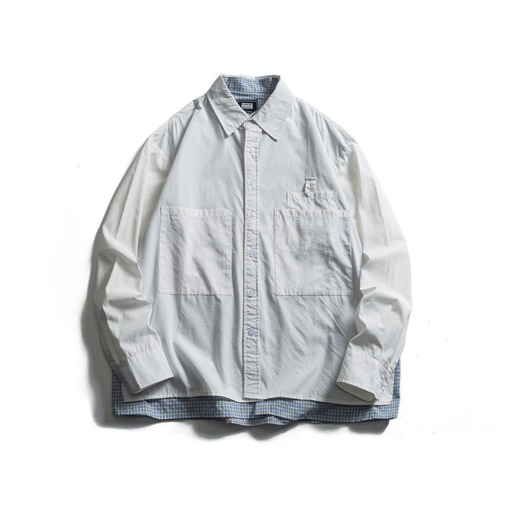 Unisex Oversized Shirt Jacket in Layered Look with Patch Chest Pockets and Check Insert Edge Mune Fashion