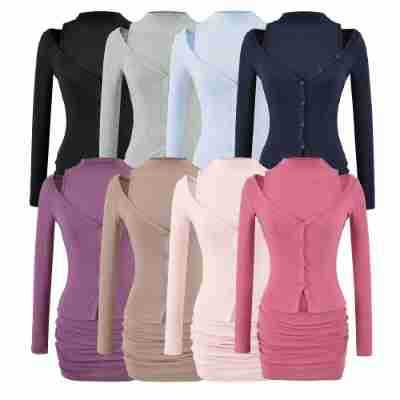Ladies two-piece knit set with integrated high neck vest and asymmetric button cardigan Mune Fashion