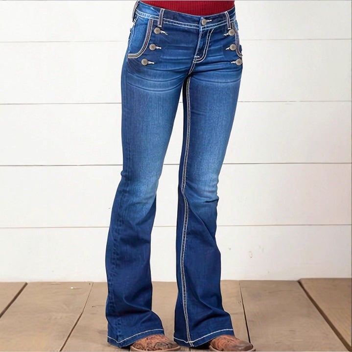Women's High-Waisted Flared Jeans with Decorative Metal Buttons and Contrast Stitching Mune Fashion